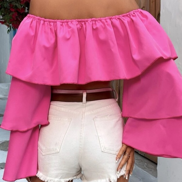 Off Shoulder Ruffle Trim Flounce Sleeve Crop Top - Picture 2 of 5